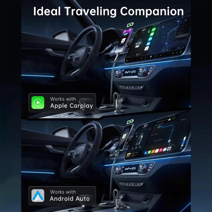 Car dashboard with digital display and smartphone mount, featuring Apple CarPlay and Android Auto compatibility of STYLEPIE L13 240W 4 in 1 Fast Charging Cable, Keychain Version.