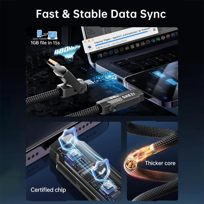 STYLEPIE L13 240W 4 in 1 Fast Charging Cable, Keychain Version with laptop and smartphone, highlighting fast data sync and certified chip features.