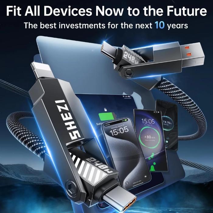 STYLEPIE L13 240W 4 in 1 Fast Charging Cable, Keychain Version with multiple ports and screens displaying technology-themed graphics on a dark background.