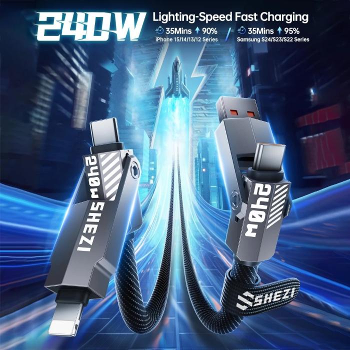 STYLEPIE L13 240W 4 in 1 Fast Charging Cable, Keychain Version with fast charging technology on a futuristic background