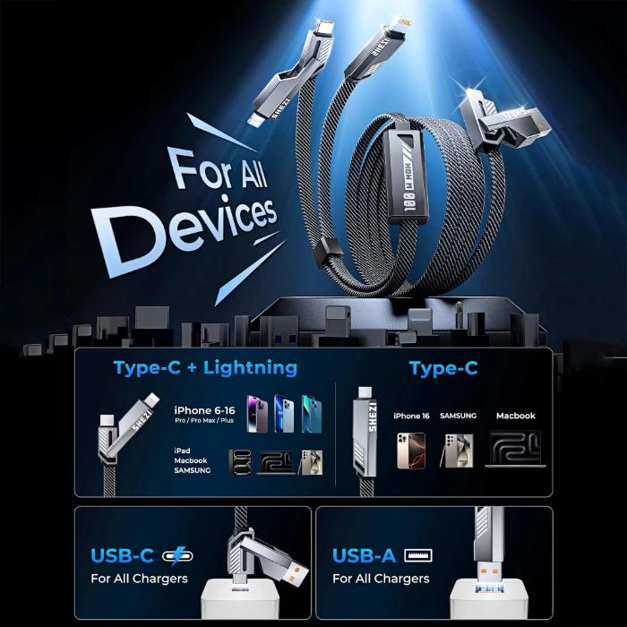 Multifunctional STYLEPIE L15 100W 6 in 1 Fast Charging Cable, Keychain Version with compatibility chart for various devices on a dark background
