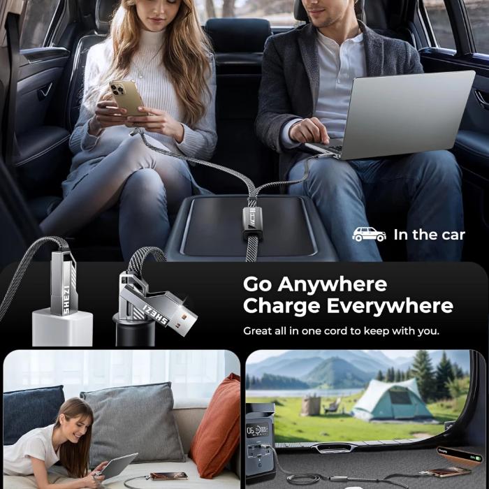 Two people using STYLEPIE L15 100W 6 in 1 Fast Charging Cable, Keychain Version in a car, with additional images of the product in use.