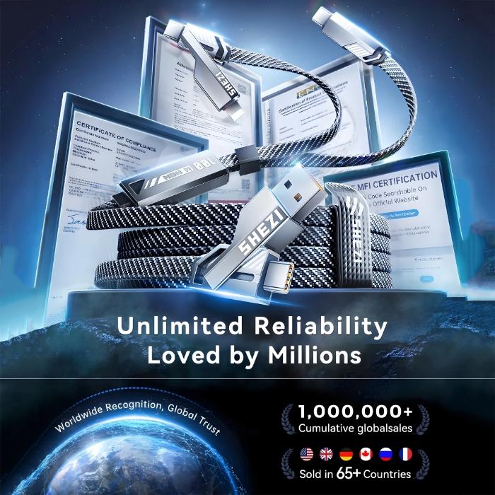 STYLEPIE L15 100W 6 in 1 Fast Charging Cable, Keychain Version  with certification documents and on a blue and gray background.