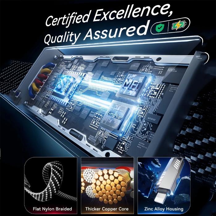 STYLEPIE L15 100W 6 in 1 Fast Charging Cable, Keychain Version featuring Electronic component with 'Certified Excellence, Quality Assured' text and features highlighted.