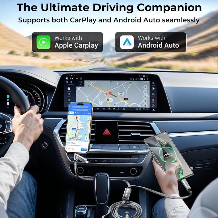 STYLEPIE L15 100W 6 in 1 Fast Charging Cable, Keychain Version  featuring Car dashboard with a navigation system and smartphone displaying maps, with text indicating compatibility with Apple CarPlay and Android Auto.