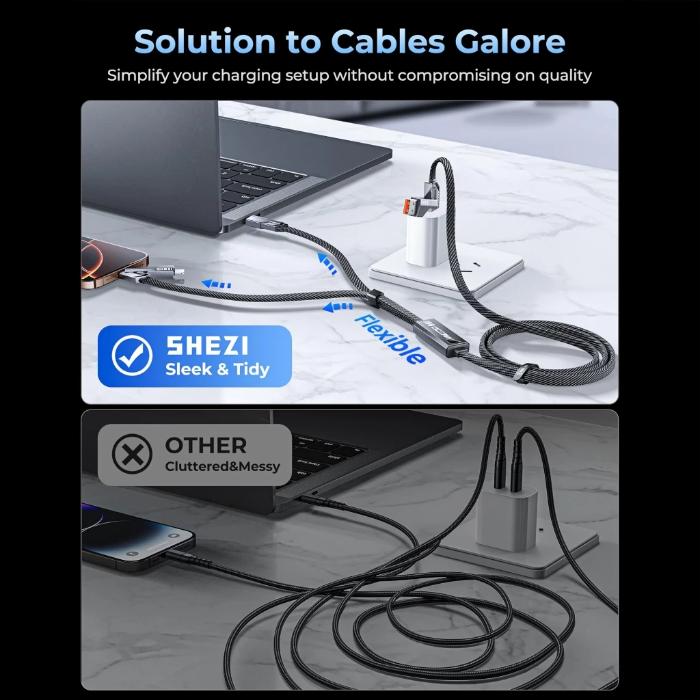 STYLEPIE L15 100W 6 in 1 Fast Charging Cable, Keychain Version  cable management solution with laptop and phone on a desk, showing before and after scenarios.