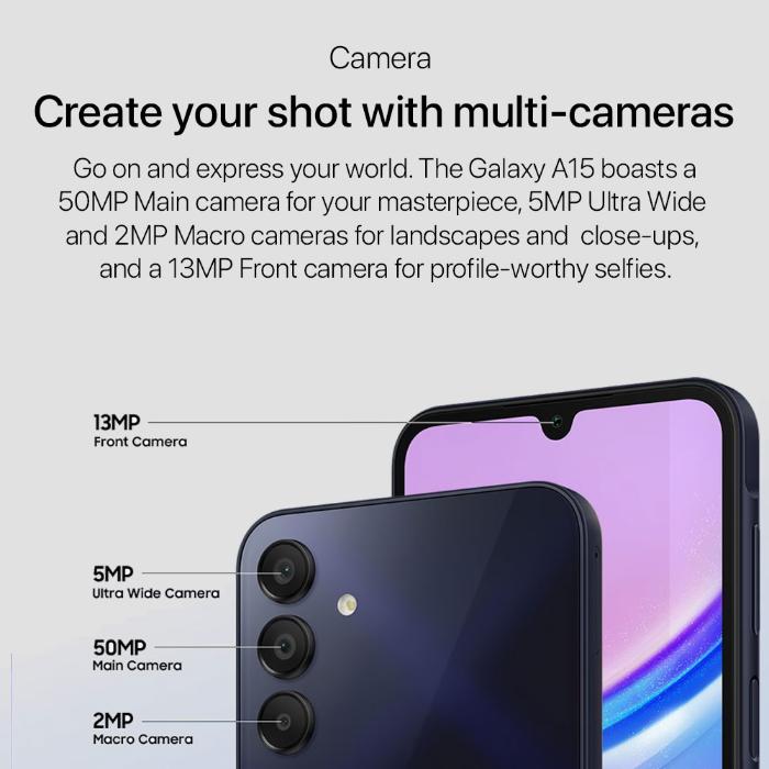 Shop and buy Samsung Galaxy A15 LTE (2023) 6.5-inch Full HD+ Super AMOLED 50MP OIS + 5MP Ultra-Wide + 2MP Macro Camera| Casefactorie® online with great deals and sales prices with fast and safe shipping. Casefactorie is the largest Singapore official authorised retailer for the largest collection of mobile premium accessories.