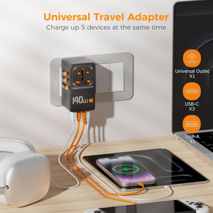 Shop and buy TESSAN 140W International Plug Adaptor 1 AC Outlet 3 USB-C 1 USB-A Charging Ports Safety Protection| Casefactorie® online with great deals and sales prices with fast and safe shipping. Casefactorie is the largest Singapore official authorised retailer for the largest collection of mobile premium accessories.