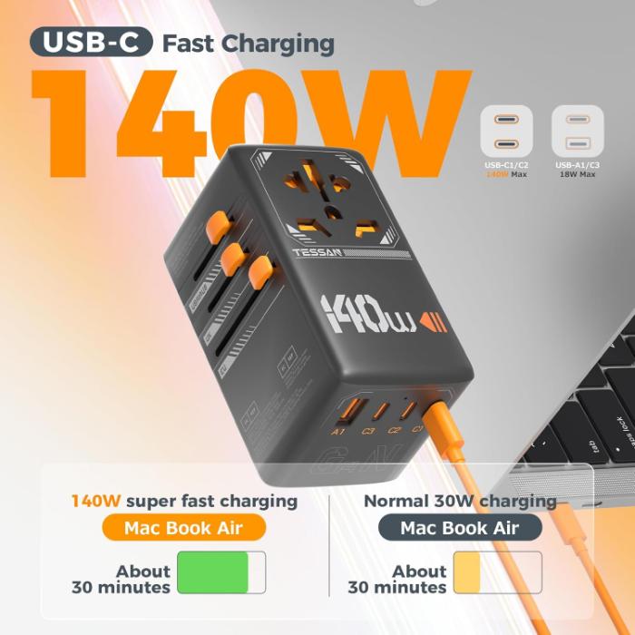 Shop and buy TESSAN 140W International Plug Adaptor 1 AC Outlet 3 USB-C 1 USB-A Charging Ports Safety Protection| Casefactorie® online with great deals and sales prices with fast and safe shipping. Casefactorie is the largest Singapore official authorised retailer for the largest collection of mobile premium accessories.