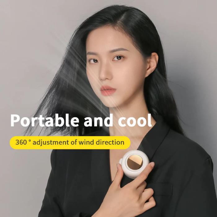 Woman holding a small White ZEELOT MF019 Small Whirlwind Bladeless Fan with text 'Portable and cool' and '360° adjustment of wind direction' on a gray background