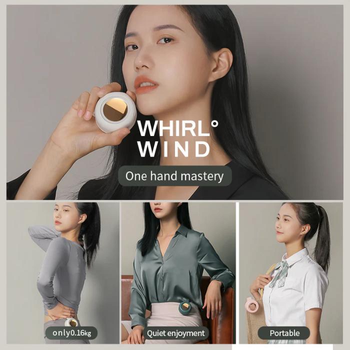 Woman holding a small White ZEELOT MF019 Small Whirlwind Bladeless Fan labeled 'Whirl Wind' with lifestyle images below.