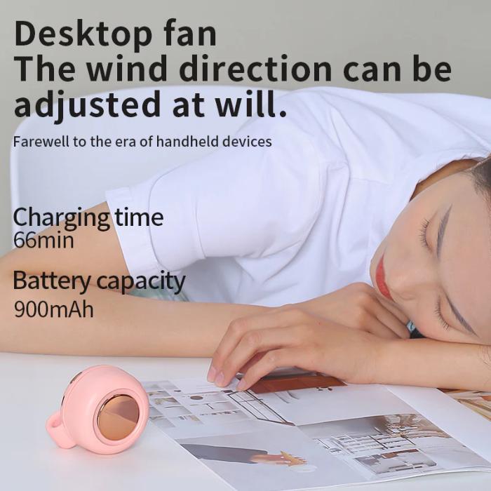 Person using a small White ZEELOT MF019 Small Whirlwind Bladeless Fan with text about its features.