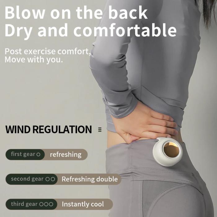 Person wearing gray athletic wear with a White ZEELOT MF019 Small Whirlwind Bladeless Fan, text about comfort and wind regulation.