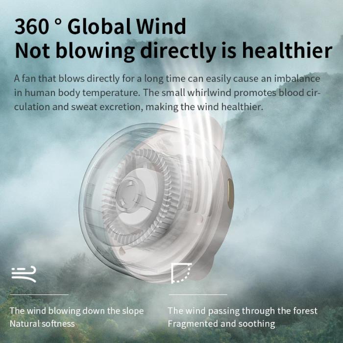 White ZEELOT MF019 Small Whirlwind Bladeless Fan with text about 360-degree global wind and its health benefits on a nature-themed background.