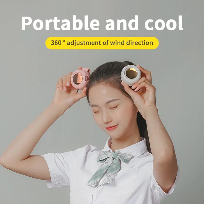 Person using a White ZEELOT MF019 Small Whirlwind Bladeless Fan with text 'Portable and cool' and '360° adjustment of wind direction'.