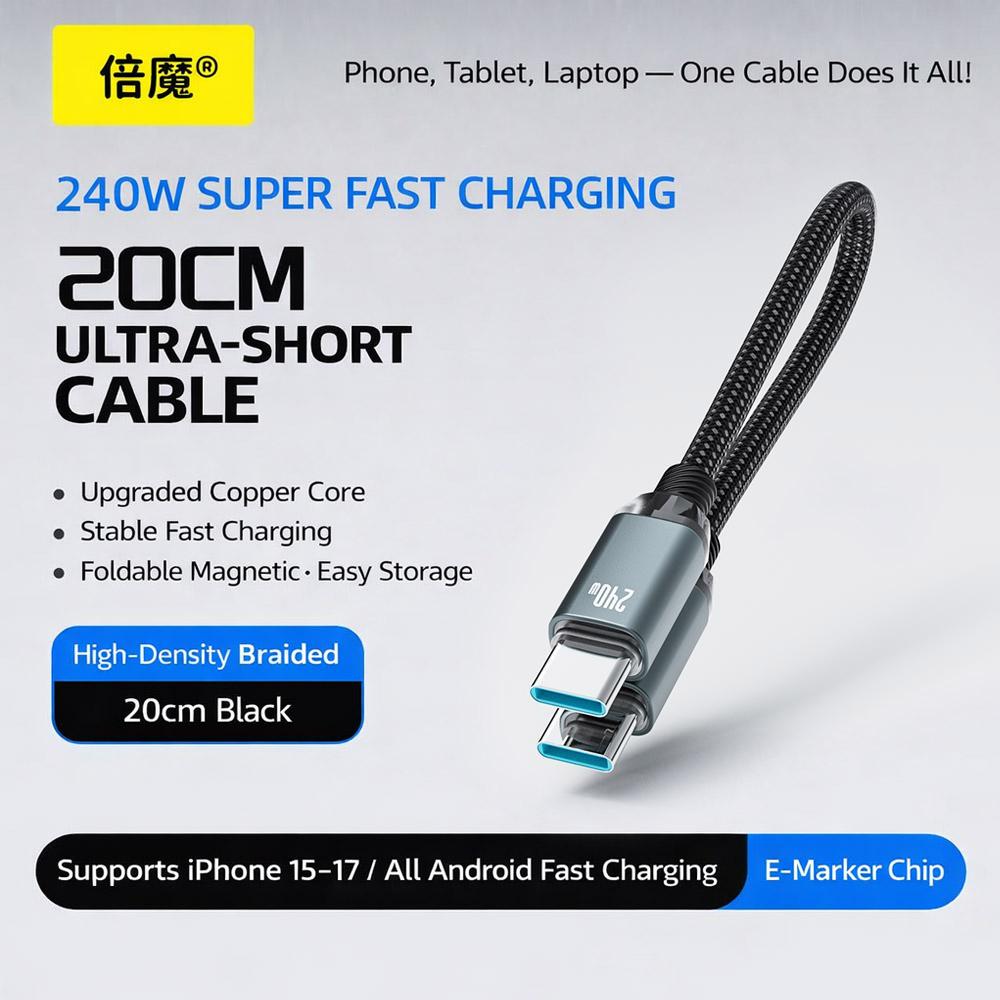 Basemo X11B 240W USB-C to USB-C FastCharging Cable 20cm, Aluminum AlloyBraided Magnetic Short Data Cable