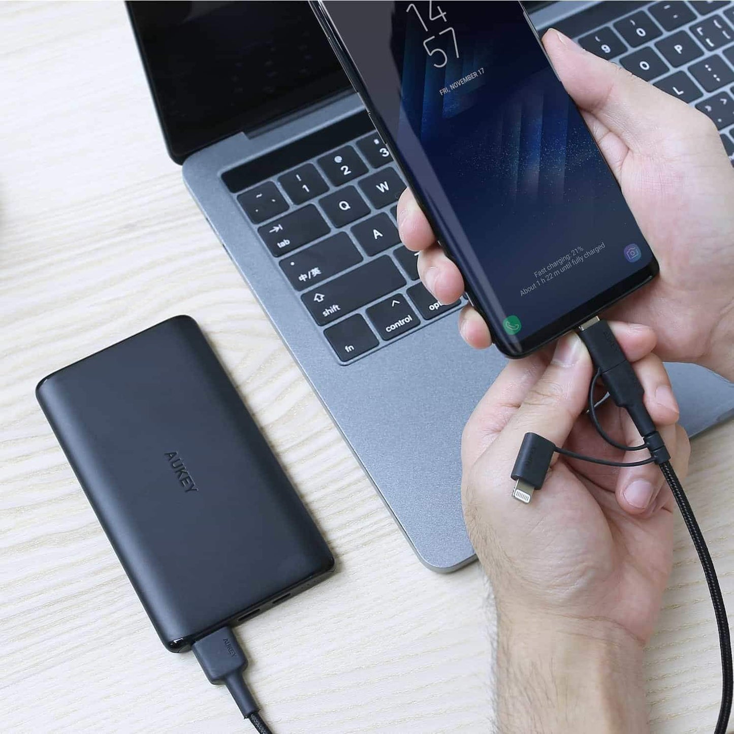 Aukey CB-BAL5 3-in-1 MFI Nylon Braided Lightning Cable with Micro-USB & USB-C Adapter