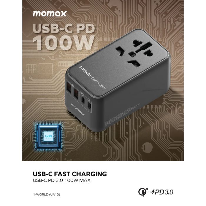 Shop and buy Momax UA10D 1-World 100W PD GaN 4-Ports + AC Travel Adapter Charges 5 Devices Power Delivery| Casefactorie® online with great deals and sales prices with fast and safe shipping. Casefactorie is the largest Singapore official authorised retailer for the largest collection of mobile premium accessories.