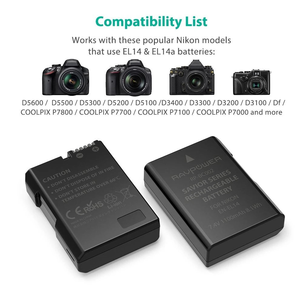 Shop and buy RAVPower RP-BC002 Camera Battery Charger Set for Nikon EN-EL 14A| Casefactorie™ online with great deals and sales prices with fast and safe shipping. Casefactorie is the largest Singapore official authorised retailer for the largest collection of mobile premium accessories.