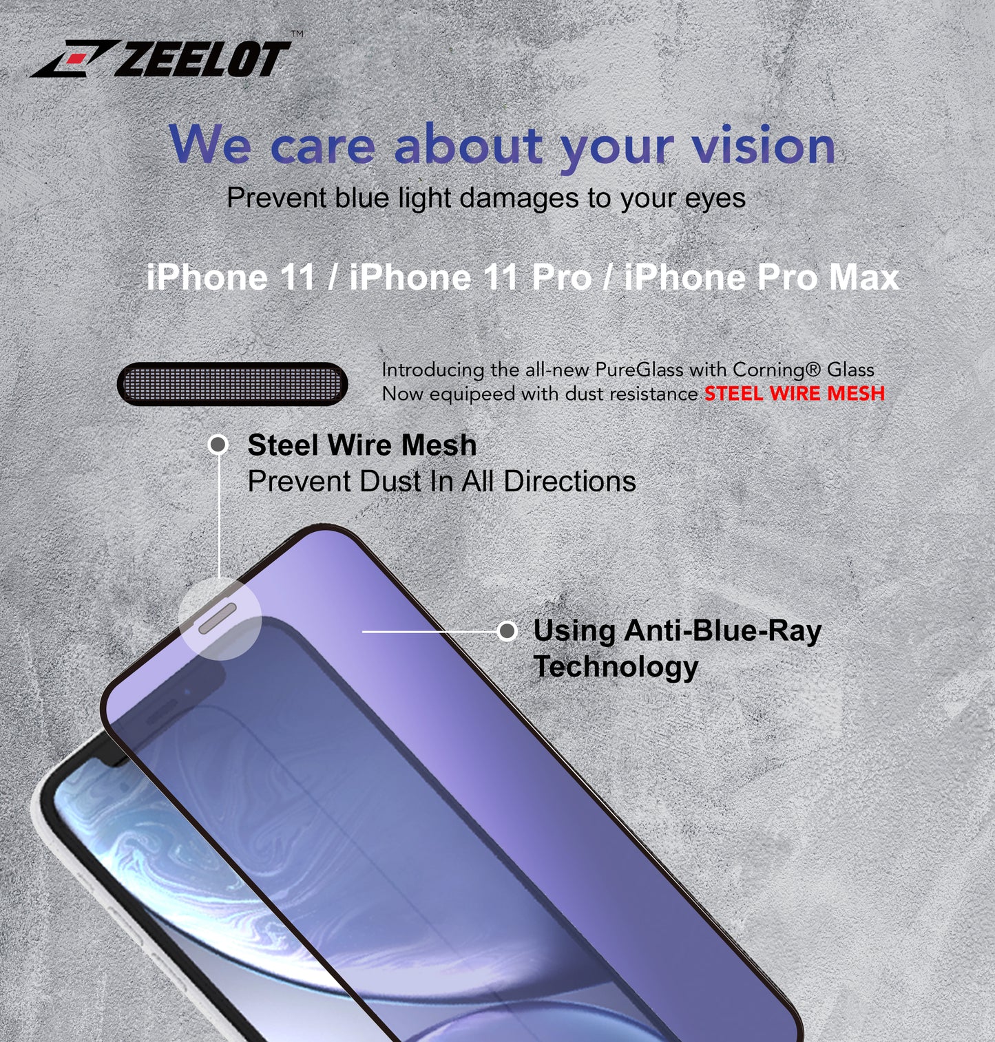 iPhone 11 Anti-Blue Ray 2.5D Tempered Glass Screen Protector Zeelot PureGlass Steel Wire